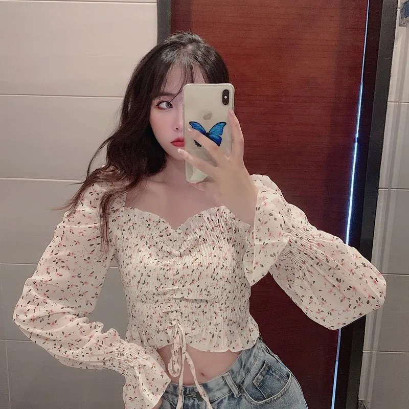 Floral Print Drawstring Crop Top Women Spring Fall Long Sleeve Purple White Chiffon Blouse Shirt Korean Style Ladies Short Tops 2