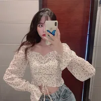Floral Print Drawstring Crop Top Women Spring Fall Long Sleeve Purple White Chiffon Blouse Shirt Korean Style Ladies Short Tops 2