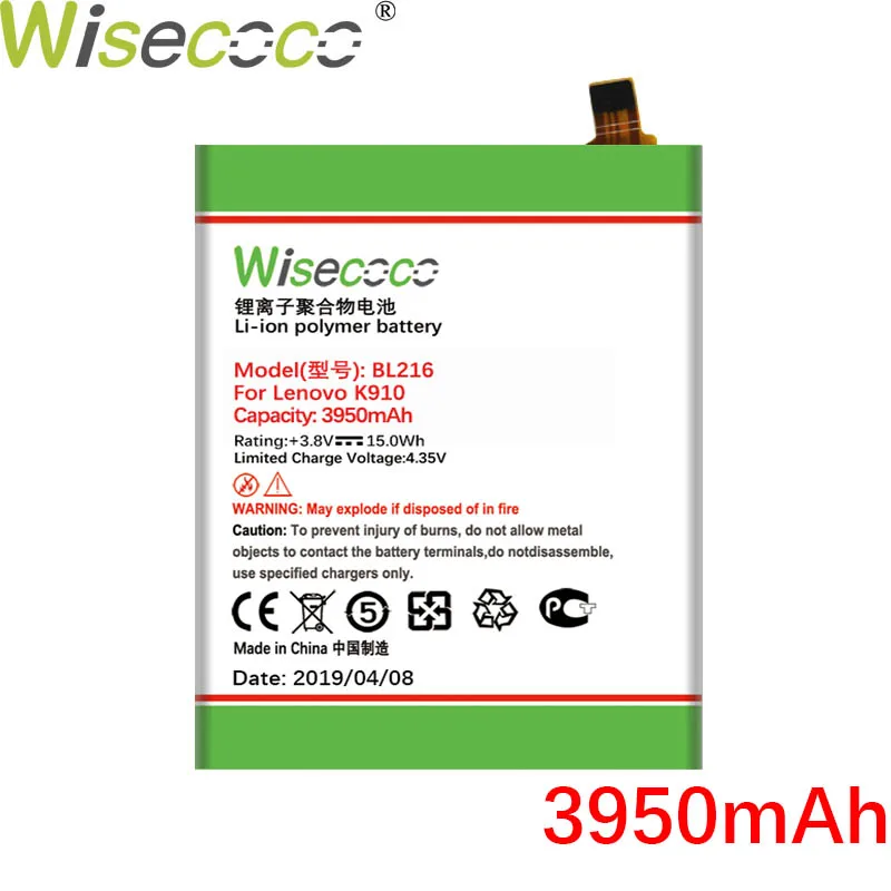 Wisecoco 3950 мАч BL216 батарея для lenovo VIBE Z K910 K6 X910 K910e BL-216 bl216 новейшее производство