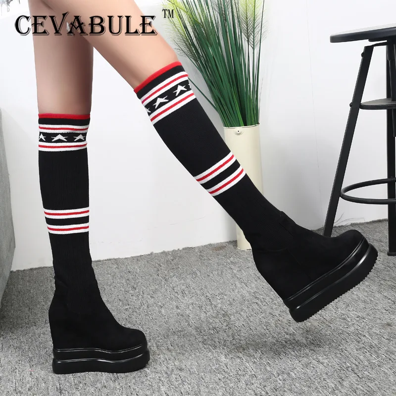 CEVABLUE/женские сапоги до колена на платформе; короткие сапоги; зимнее Вязание шерстяное облегающее голенище; пикантные Брендовые женские сапоги; ZYW-188-2