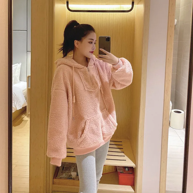 

Lamb wool sweater women 2020 autumn new Korean style hooded mid-length plush top student long-sleeved jacket trend