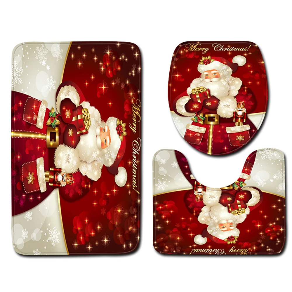 

3PCS Christmas Toilet Seat Cover and Rug Bathroom Set Fancy Santa Bathroom Mat Christmas Decorations for Home