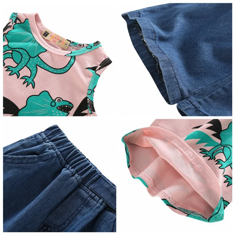 Одежда для маленьких девочек Летняя Повседневная футболка без рукавов с цветочным принтом для маленьких девочек топы с кисточками+ джинсовые шорты, костюмы, костюм, комплект