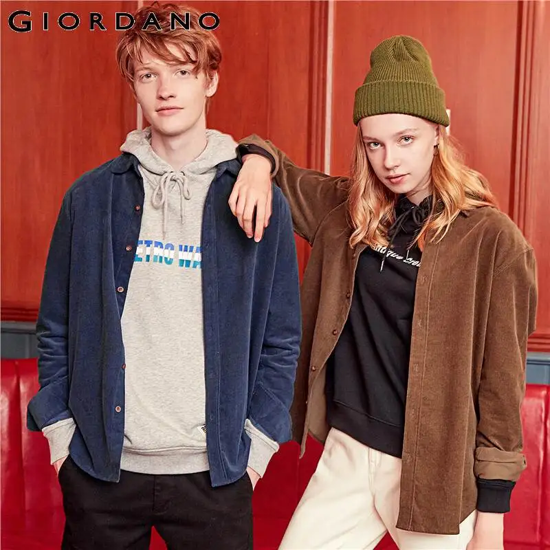 

Giordano Men Shirts Corduroy Long-sleeve Shirt Men Soild Color Curved Hem Slightly Thick Camisa Masculina 13049801