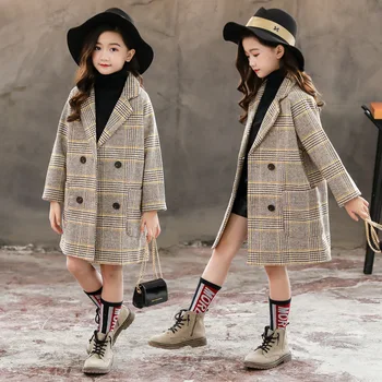 

Kid girl jackets Winter wool long coat for girls Teens autumn jacket warm outerwear Children girls plaid windbreaker 4T-14T