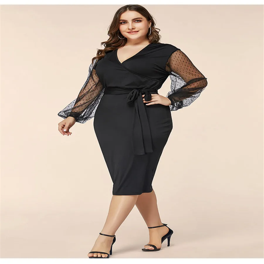 New Elegant Office Dress Woman OL Black Lace Dresses Long Sleeve Vestidos V-neck with Belt Plus Size Maxi 2021 |