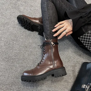 

MORDOAN Genuine Cow Leather Martin boots thick-soled ankle boots British style lace-up round toe zipper flat ankle boots