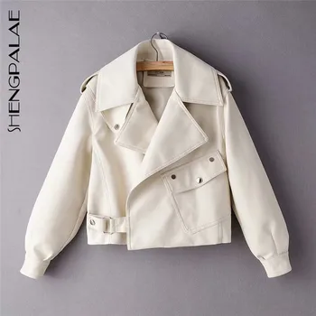 

SHENGPALAE 2020 Autumn And Winter Fashion Streetwear Long Sleeve Solid Turn-down Collar Short PU Leather Jacket Coat Women SE040