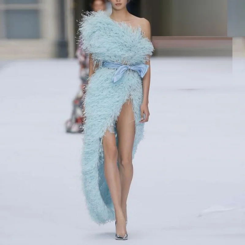 Бледно-Голубые Вечерние платья vestido chique страусиные перья платье для выпускного вечера с бантом Sash индивидуальные вечерние платья высокого класса с открытыми плечами