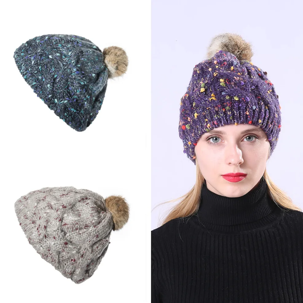 

Handmade Jacquard Single Layer Color Mixture Rabbit Hair Ball Knitted Hat Women's Cute Autumn And Winter Retro Yarn Warm Beret