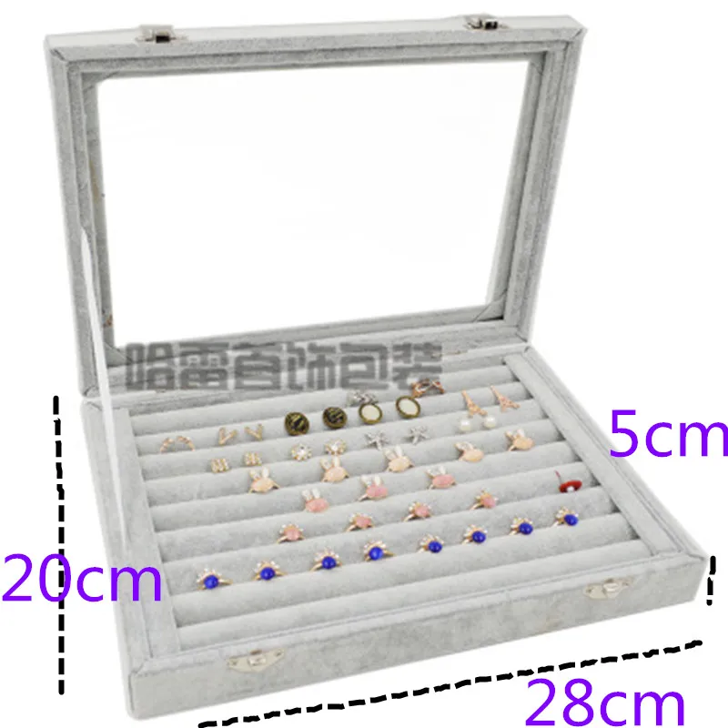 Средний бархатный серый чемодан со стеклянной крышкой Ювелирное кольцо Дисплей Коробка лоток держатель коробка для хранения Органайзер серьги кольцо браслет