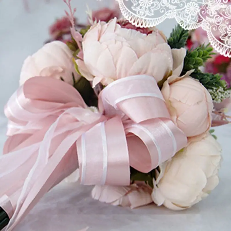 Европейский Винтажный Свадебный букет Искусственный пыльный пион цветы поддельное растение суккулент кружева ленты невесты вечерние