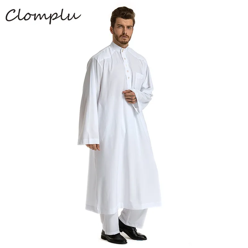 Clomplu повседневные мусульманские комплекты abaya нарядное платье в арабском стиле мусульманская одежда для мужчин новинка с длинными рукавами мужская одежда желтого, серого, белого цвета - Цвет: Белый