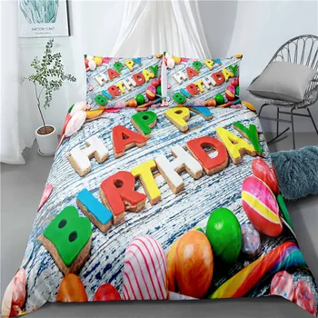 

Happy Birthday Bedding Set Lollipop Printing Cartoon Duvet Cover Set Kids Bedroom Bed Cover with Pillowcase Twin Full Queen