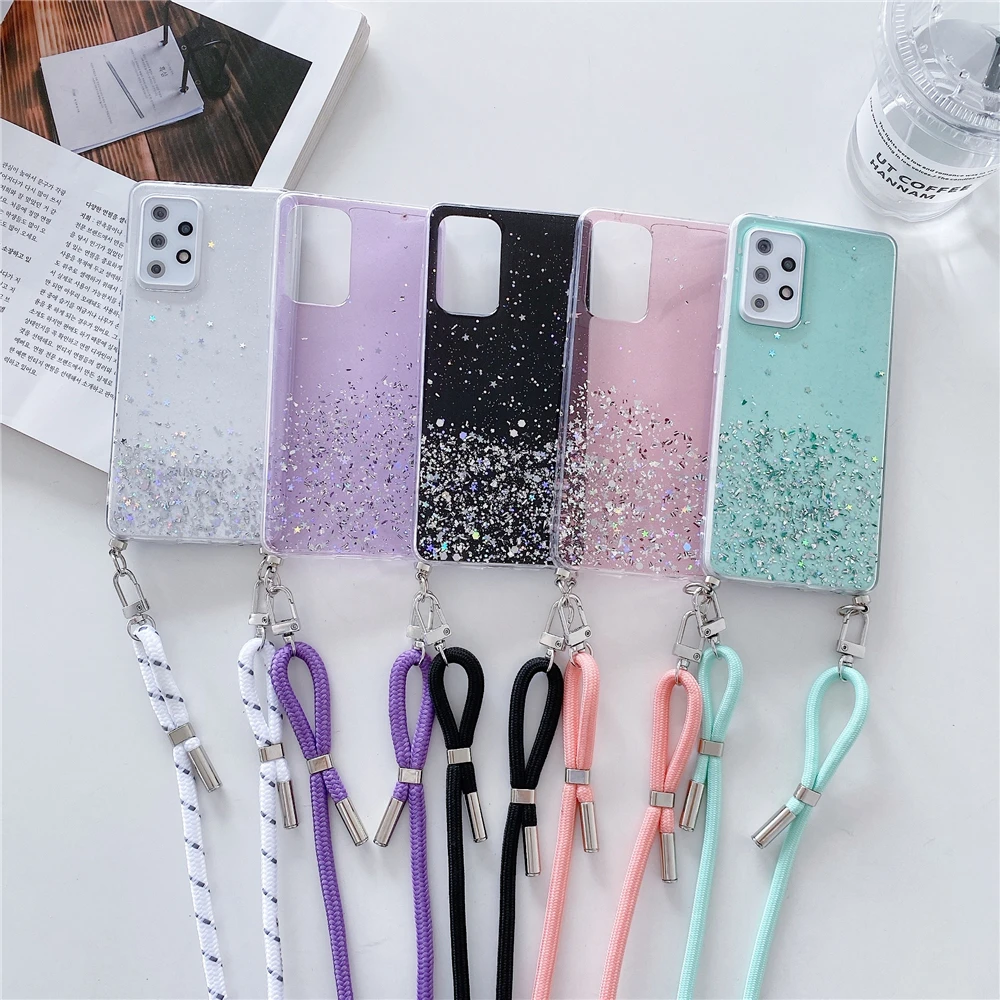 cute phone cases for samsung  Necklace Hang Lanyard Transparent Glitter Sequins Phone Case For Samsung S20 FE S21 Note 20 Ultra 10 Pro S10 S9 Plus S8 A51 A71 kawaii samsung phone cases