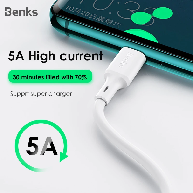 Кабель Benks 5A USB C для быстрой зарядки Huawei Mate 20 30 Pro P20 Lite Samsung Xiaomi QC3.0 USBC кабель и
