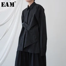 [EAM] Женская Черно-белая необычная блуза большого размера, новая свободная рубашка с отворотом и длинным рукавом, модная весенняя Осенняя 1B660