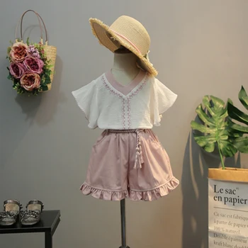 

Summer Kid Girls Clothes Casual Short-sleeved Embroidery Cotton T-shirt Top+Shorts 2pcs Sets Children Clothing
