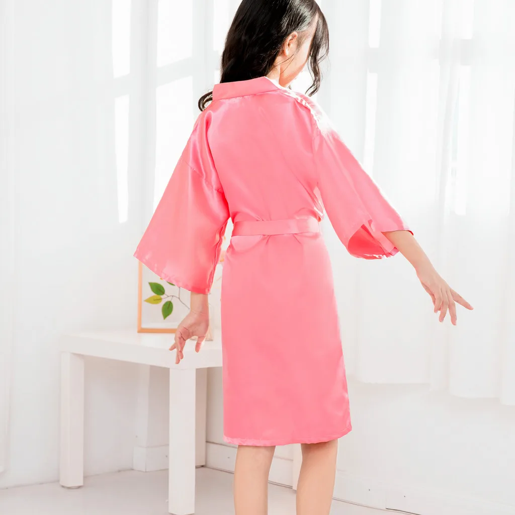 Toddler Baby Kids Girls Solid Silk Satin Kimono Robes Bathrobe Sleepwear Clothes 1PC Bathrobe+1PC Ribbons G1021