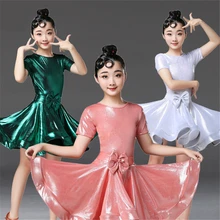 Новое платье для латинских танцев Детские платья для девочек с коротким рукавом и бантом, летние бальные костюмы для соревнований, Samba Practice Waer 120 до 170 см