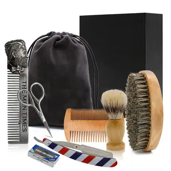 

Professional Soft Boar Bristle Wood Beard Brush Barber Shaving Tool Men Mustache Comb Kit with Gift Bag Beard Hair Comb Set