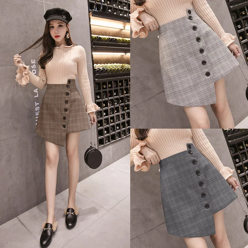 

Autumn Irregular Retro High-waisted A- line Skirt Plaid Half-length Skirt