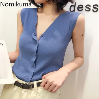 

Nomikuma Casual Fashion V Neck Vest Solid Color Single Breasted Basic Tank Tops Women Korean Style 2020 Summer New Ropa 3b186