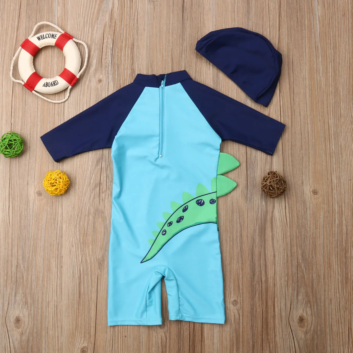 Модный тренд, Летний Пляжный купальный костюм для маленьких мальчиков, Быстросохнущий цельный купальный костюм с рисунком динозавра и шапочкой
