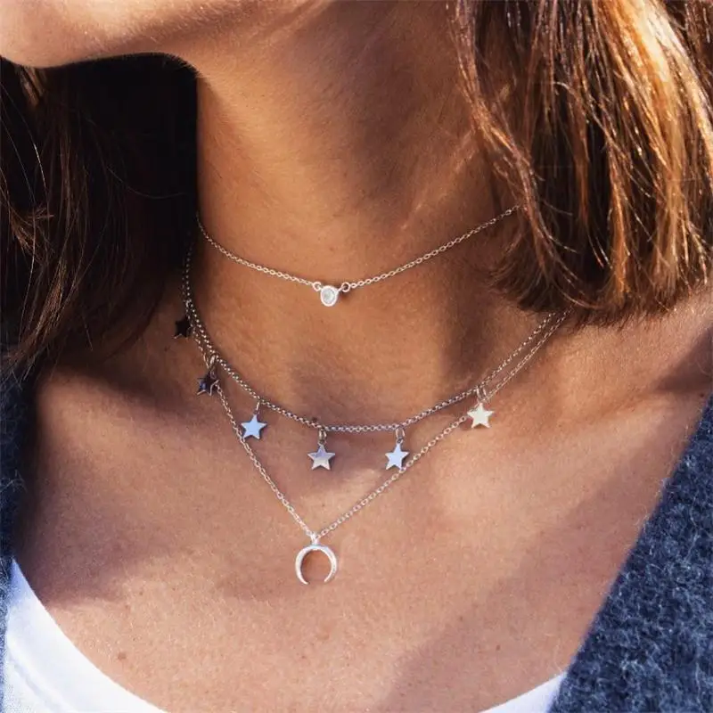 

Women Necklace Classic Star Moon Crystal Round Gem Silver Pendant Necklace Set Charm Fashion Party Long Necklace Jewelry Gift