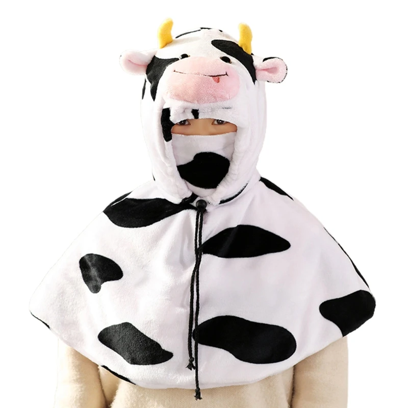 

Cartoon Animal Hooded Cape with Face Mask Set Fuzzy Plush Warm Hat Shawl Cloak