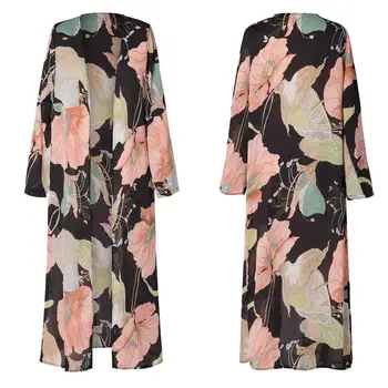 

Women Floral Print Long Sleeve Chiffon Maxi Cardigan Kimonos Coat Beach Cover Up