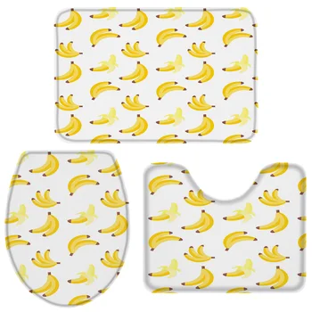 

3 Pieces Bathroom Set Banana Fruit Cartoon Bath Set Toilet Cover Mat Pedestal Rug Non-Slip Bathroom Rug Set