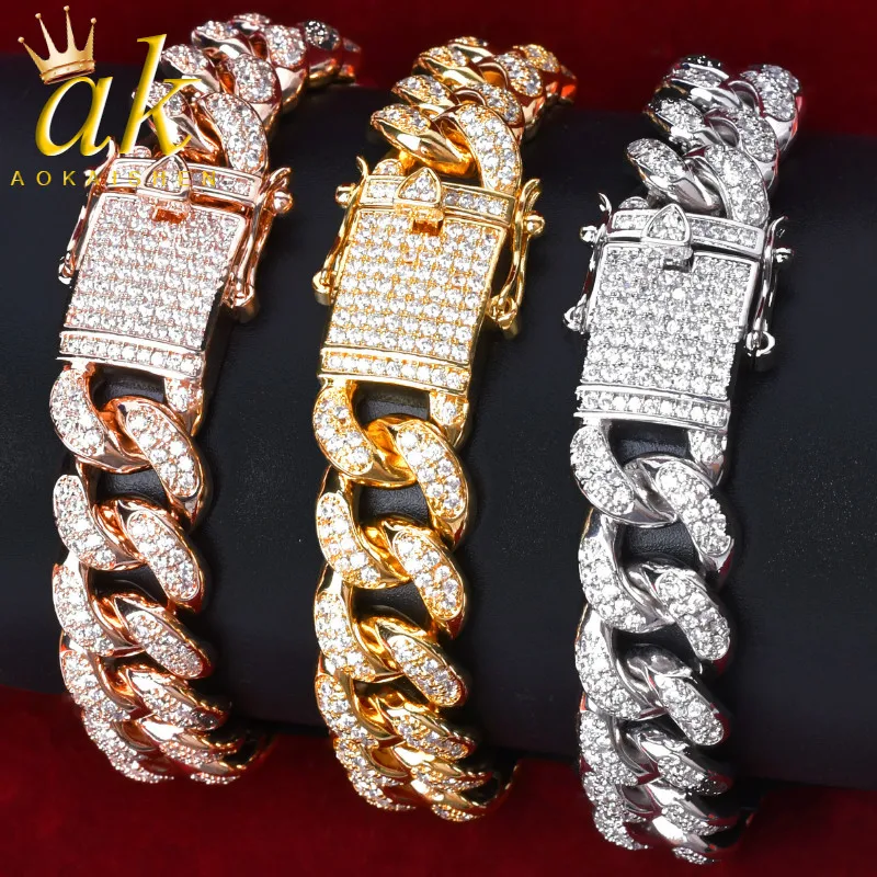 Aokaishen 12MM Cuban Link Bracelet for Women Iced Out CZ Charms Hip Hop
