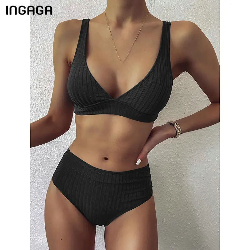 Womens Swimsuits Swimwear Bikini-Set Ribbed Push-Up Black INGAGA High-Waist Biquini