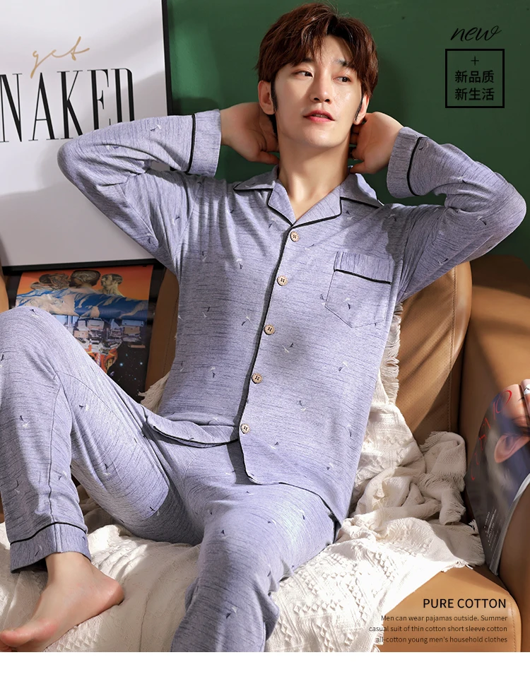 Autumn 100%Cotton Men's Sleepwear Suit Long Sleeve Turn-down Collar Male Pajamas Set Casual Plus Size L-3XL Pijama Hombre Pyjama