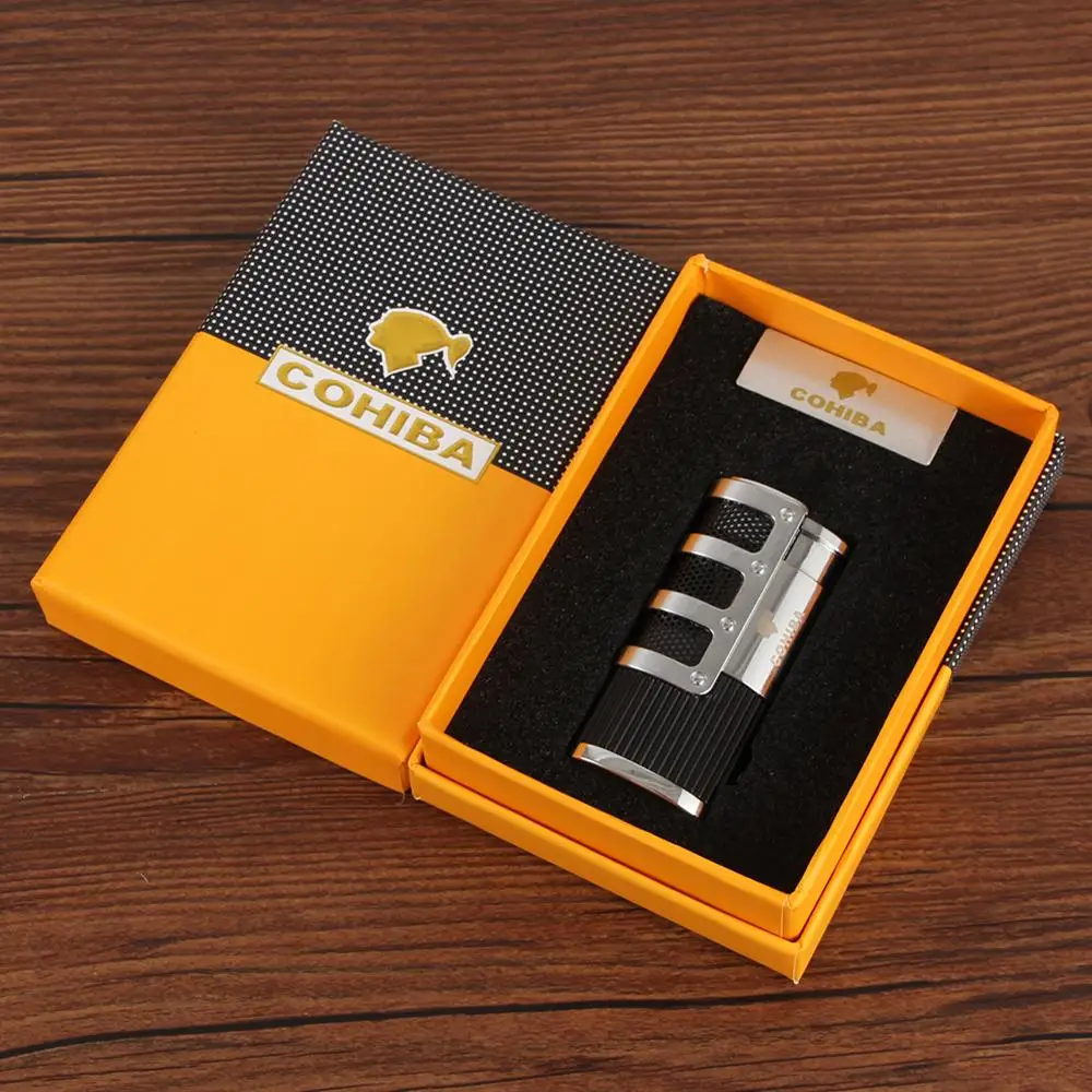 COHIBA зажигалка для сигар бутан 3 фонарь струйная зажигалка с резак для сигар удар аксессуары ветрозащитный прикуриватель подарочная коробка