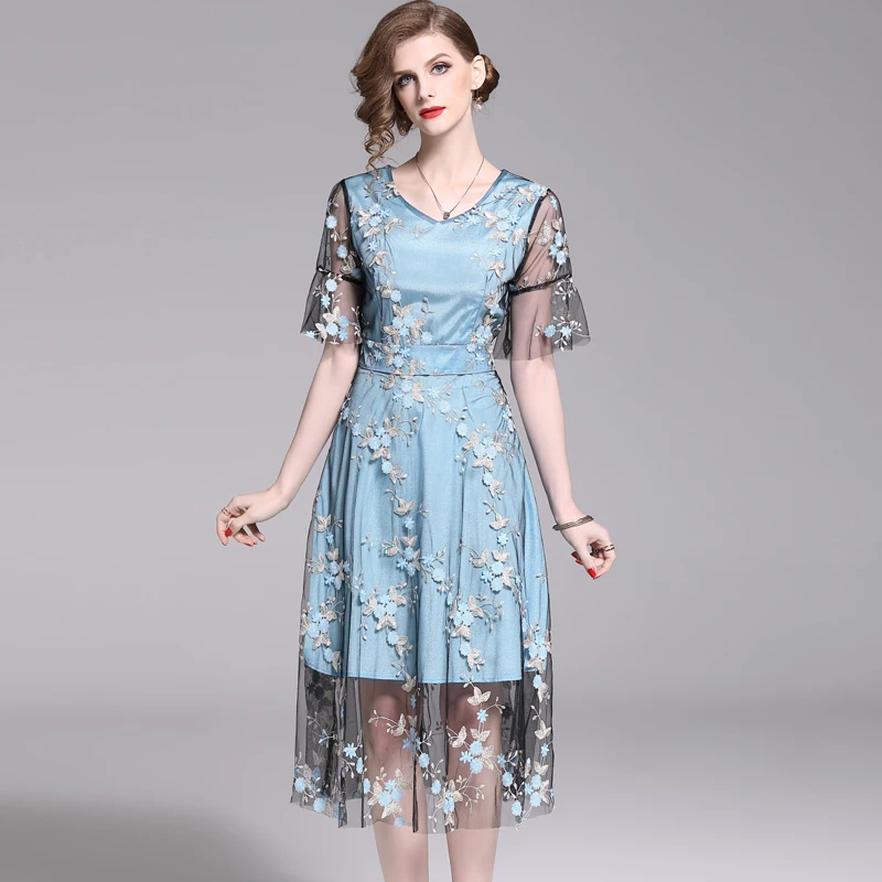 Новинка летнее синее Сетчатое платье с вышивкой Vestidos Casual Mujer 2020 OL женское пляжное