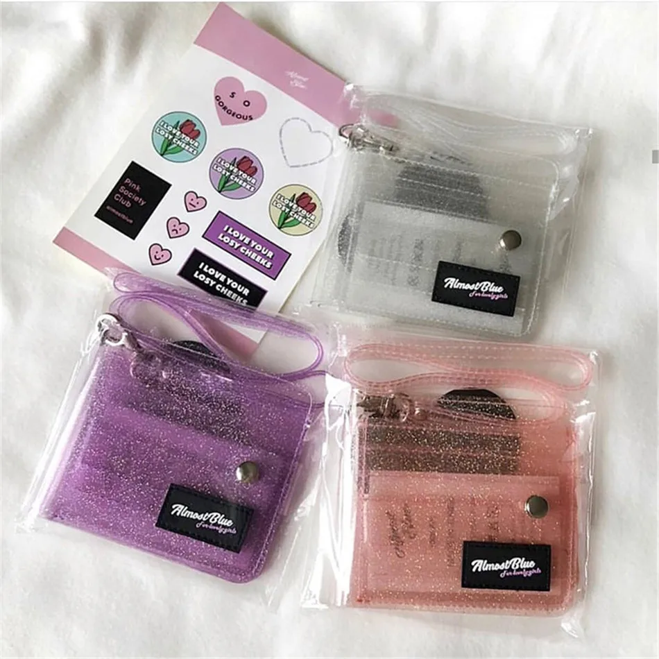 3 цвета прозрачный ID держатель для карт ПВХ складной короткий кошелек для женщин Мода девушка блеск визиток шнурок Чехол