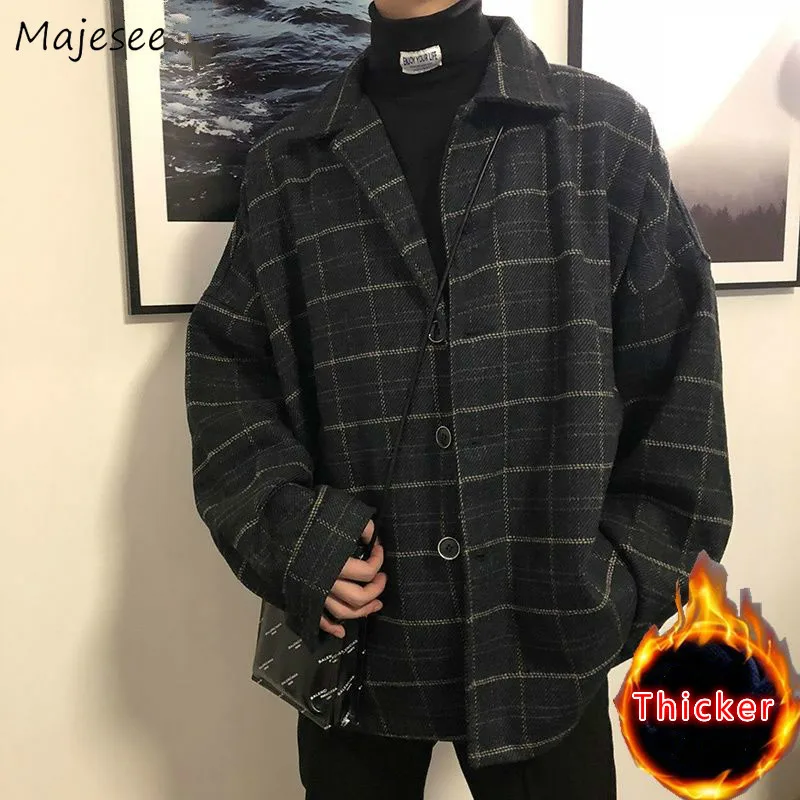 Woolen Coat Men Clothes Plus Size Plaid Mens Wool Overcoat Thickening Vintage Korean Style Streetwear with Pockets Students Soft Woolen Coat Men Clothes Plus Size Plaid Mens Wool Overcoat Thickening Vintage Korean Style Streetwear with Pockets Students Soft