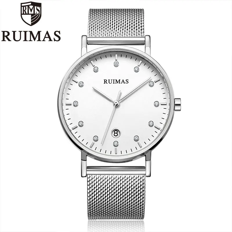 

Ruimas Relojes Para Hombre Men Watches Top Brand Quartz Watch Stainless Steel Mesh Band Silver Wristwatch Gentlemen 6745