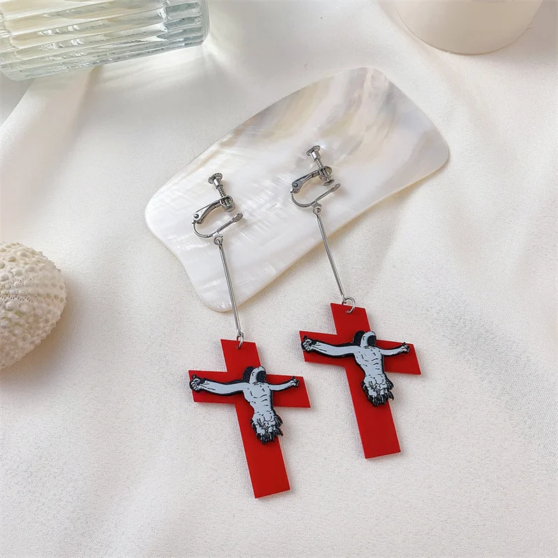 Cross Jesus Acrylic Earrings Exaggerated Big Red Dangle Earrings Women Men Night Club Street Party Jewelry