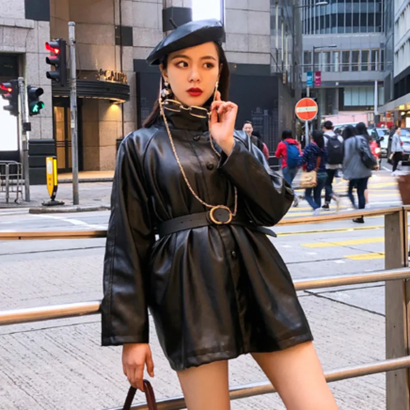 

LANMREM 2020 Leather Coat Female Long Section Loose Korean Version Of Pu Leather Spring And Spring Leather Jacket 19B-a195