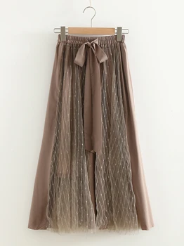 

Spring And Summer 2020 New Medium And Long Mesh Splicing Elastic Waist Tie Skirt Temperament Big Swing Skirt
