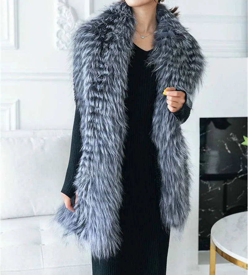 Зима 2019 модный роскошный воротник из серебристого лисьего меха шарф платье