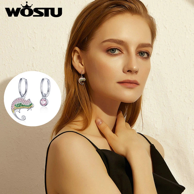 Женские серьги кольца WOSTU из серебра 925 пробы с изображением хамелеонов