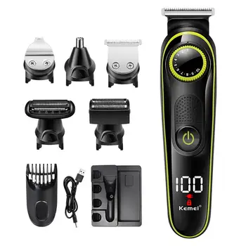 

KM-696 Hair Trimmer Household Electric Hair Clippers Multifunctional USB Rechargeable Shaver LED Display 5 in 1 Cutter Heads