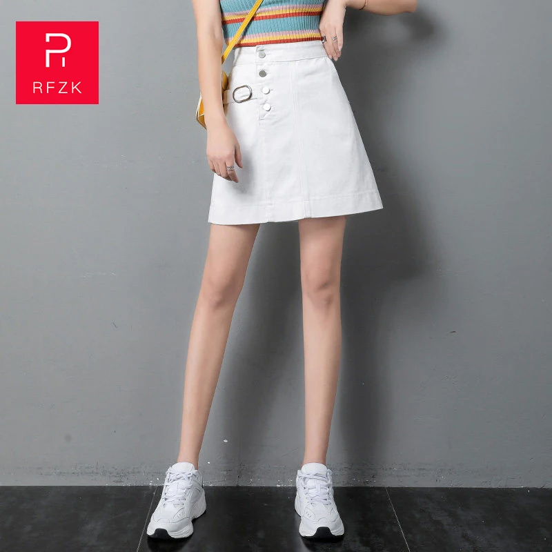 

RFZK Denim Skirt High Waist A-line Mini Skirts Women 2020 Summer New Pockets High Waist Mini Jeans Skirt High Quality Skirts