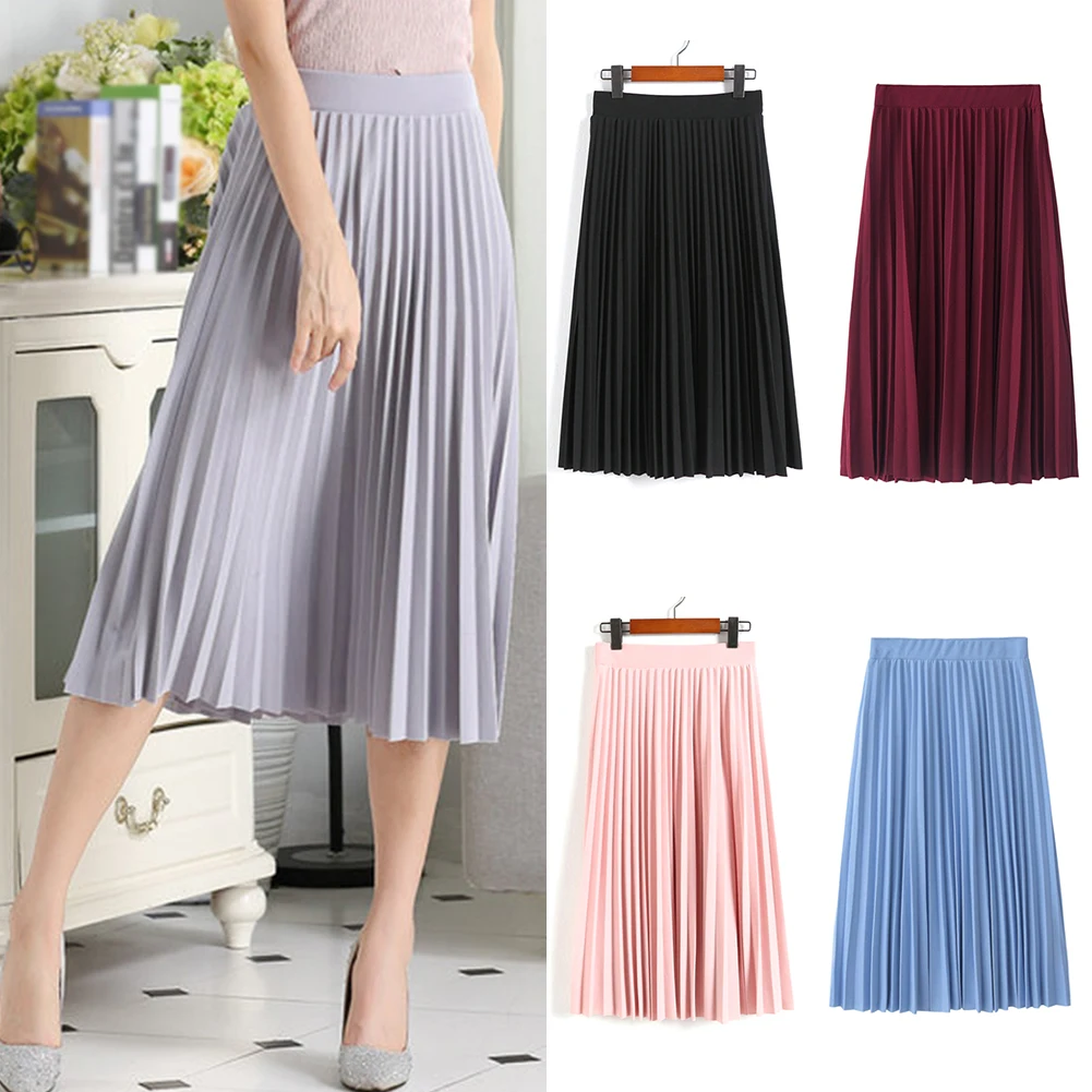 Весенне-осенняя модная женская однотонная плиссированная юбка средней длины с высокой талией, эластичная юбка, акция, женская, черная, розовая, красная, синяя