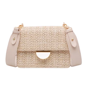 

2020 Fashion Leisure Woven Square Women Bag Buckle Rattan Straw Female Bags Joker Wide Shoulder Strap Single Shoulder Bag