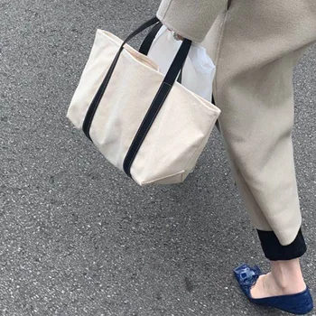

2020 New Beige Black Canvas Casual Bag Simple Hand Bag Female Book Totes Bags Korean Purses and Handbags